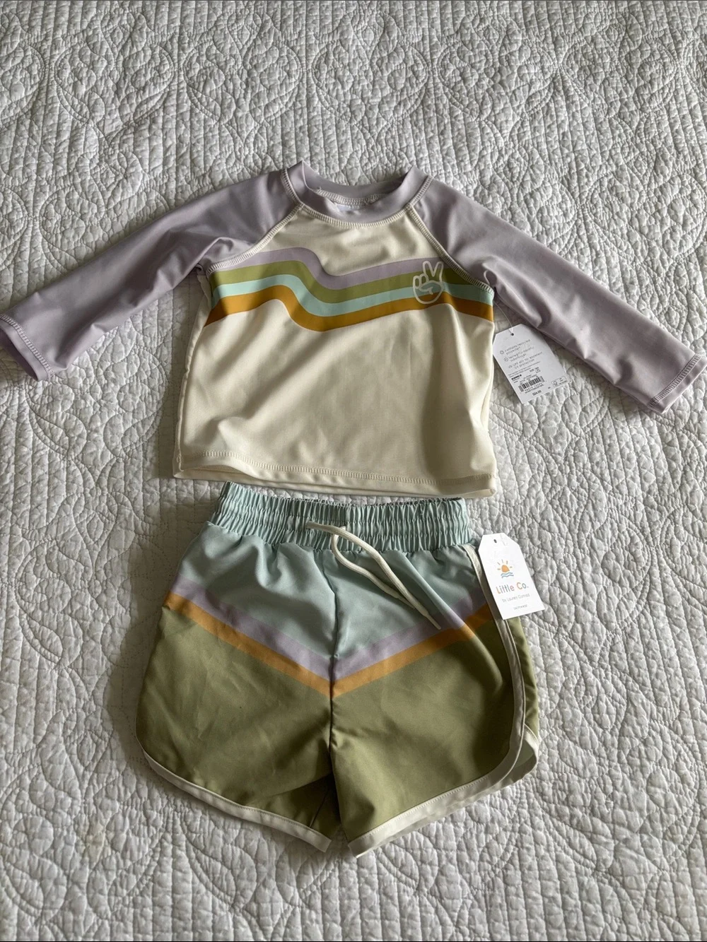 NWT Little Co Girls' Cream & Lavender Rash Guard Set with Olive Shorts Size 18M